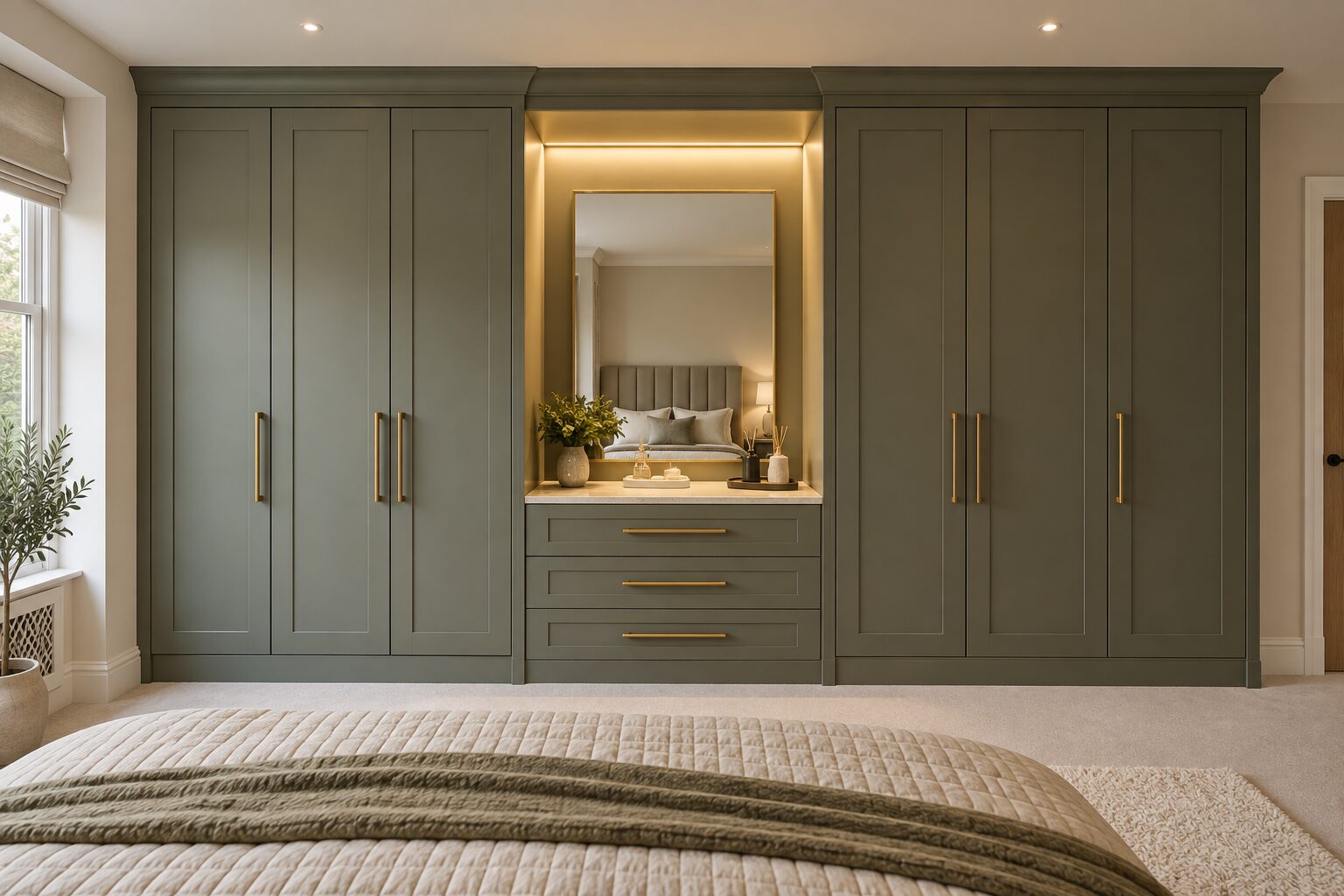 Fitted wardrobes with vanity station in Virginia Water GU25 – sage green doors, brass handles and lit mirror niche